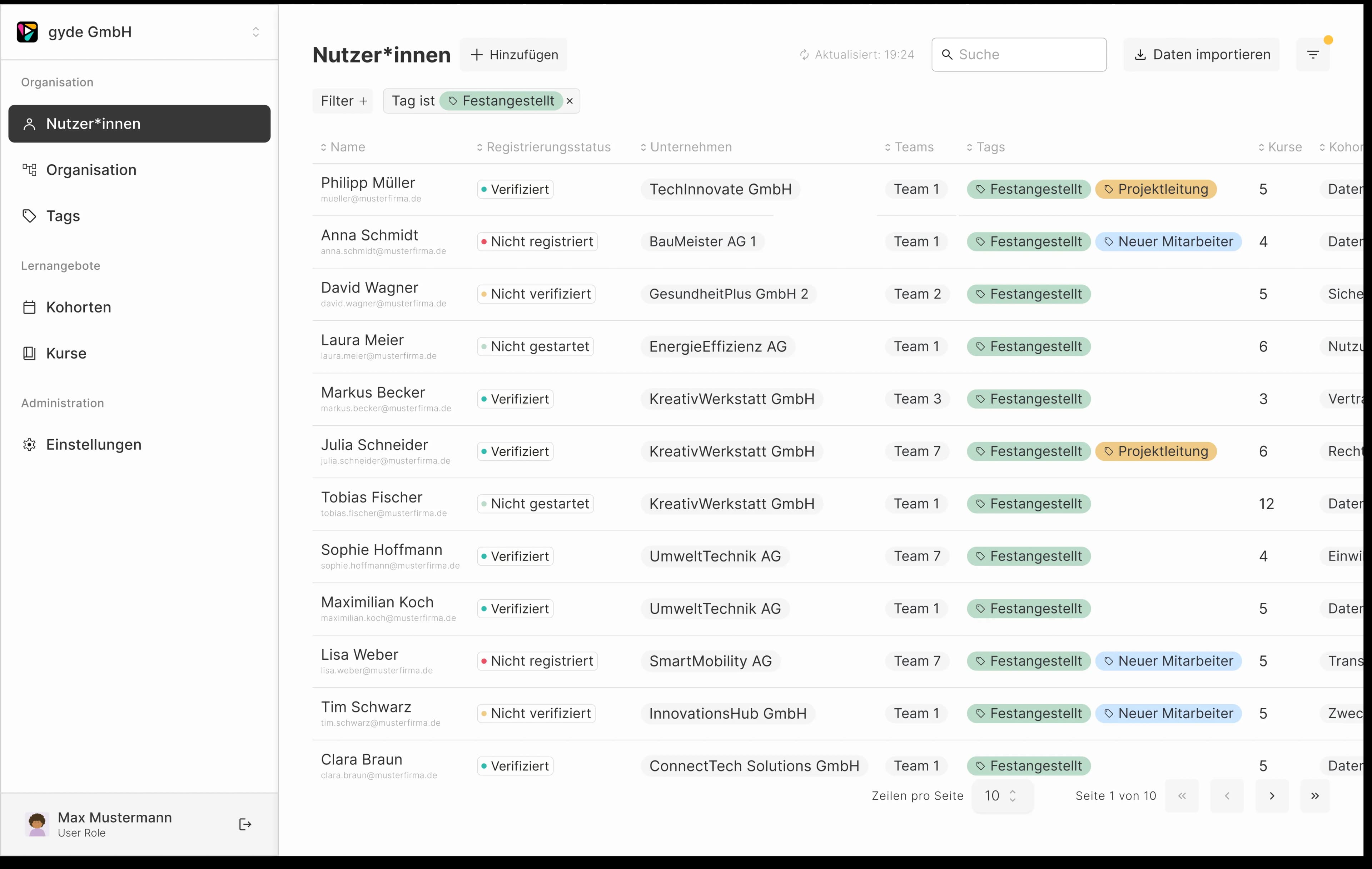 New gyde admin — users table with tag filter and entity-based sidebar navigation