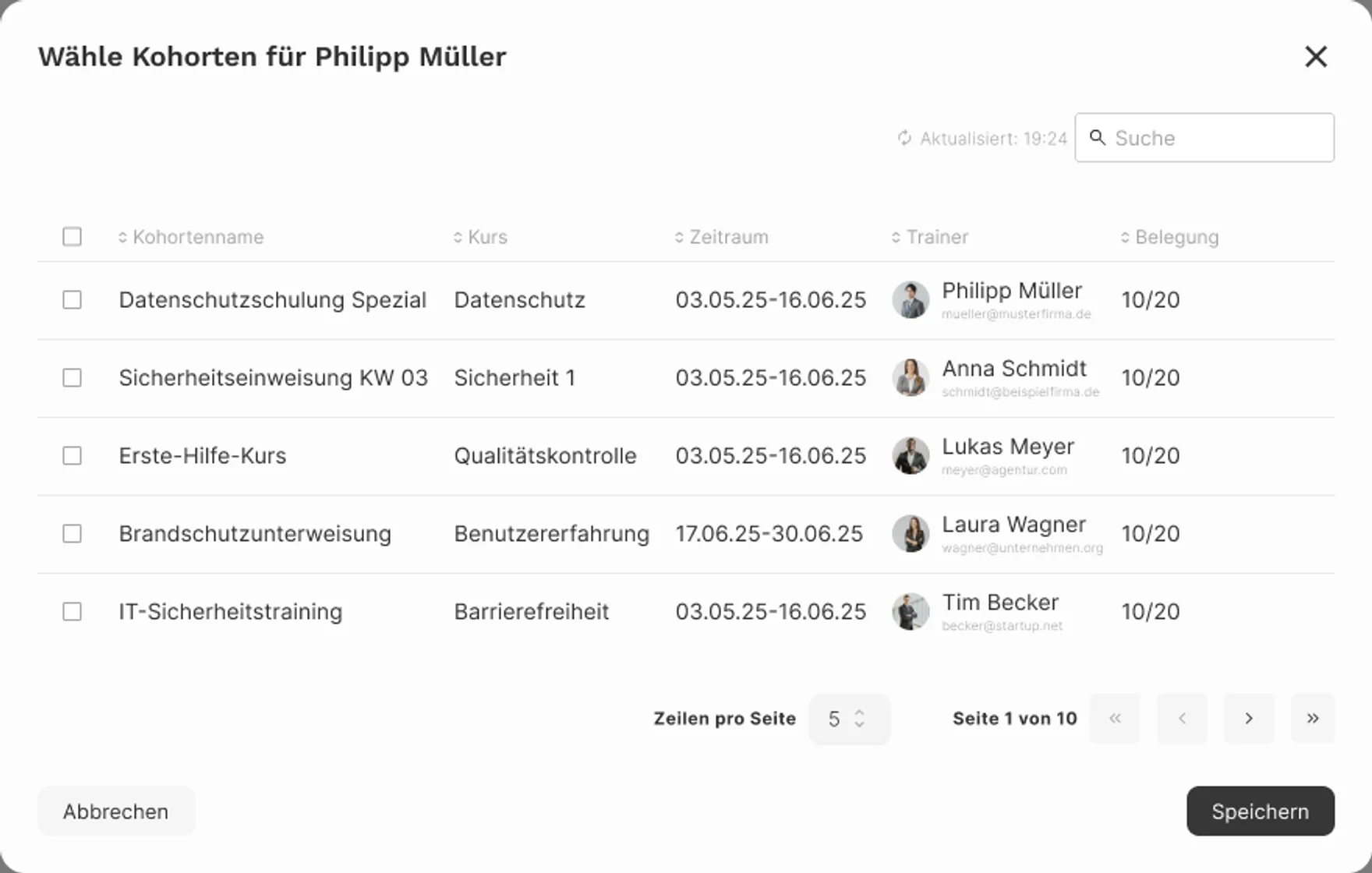Assignment modal opened from a user profile — choosing cohorts for Philipp Müller
