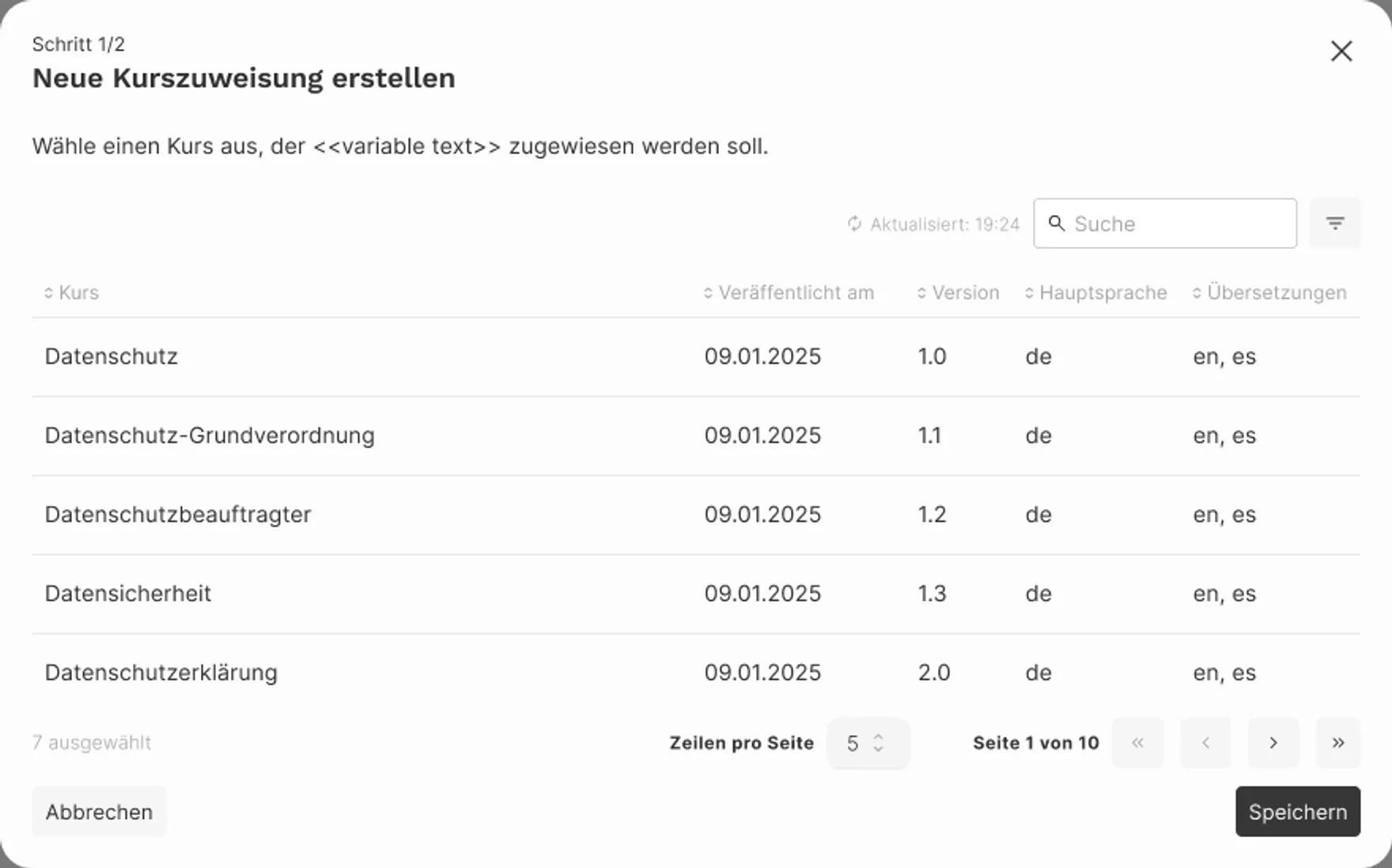 Context-aware course assignment modal, step 1 of 2, with variable context slot in the description