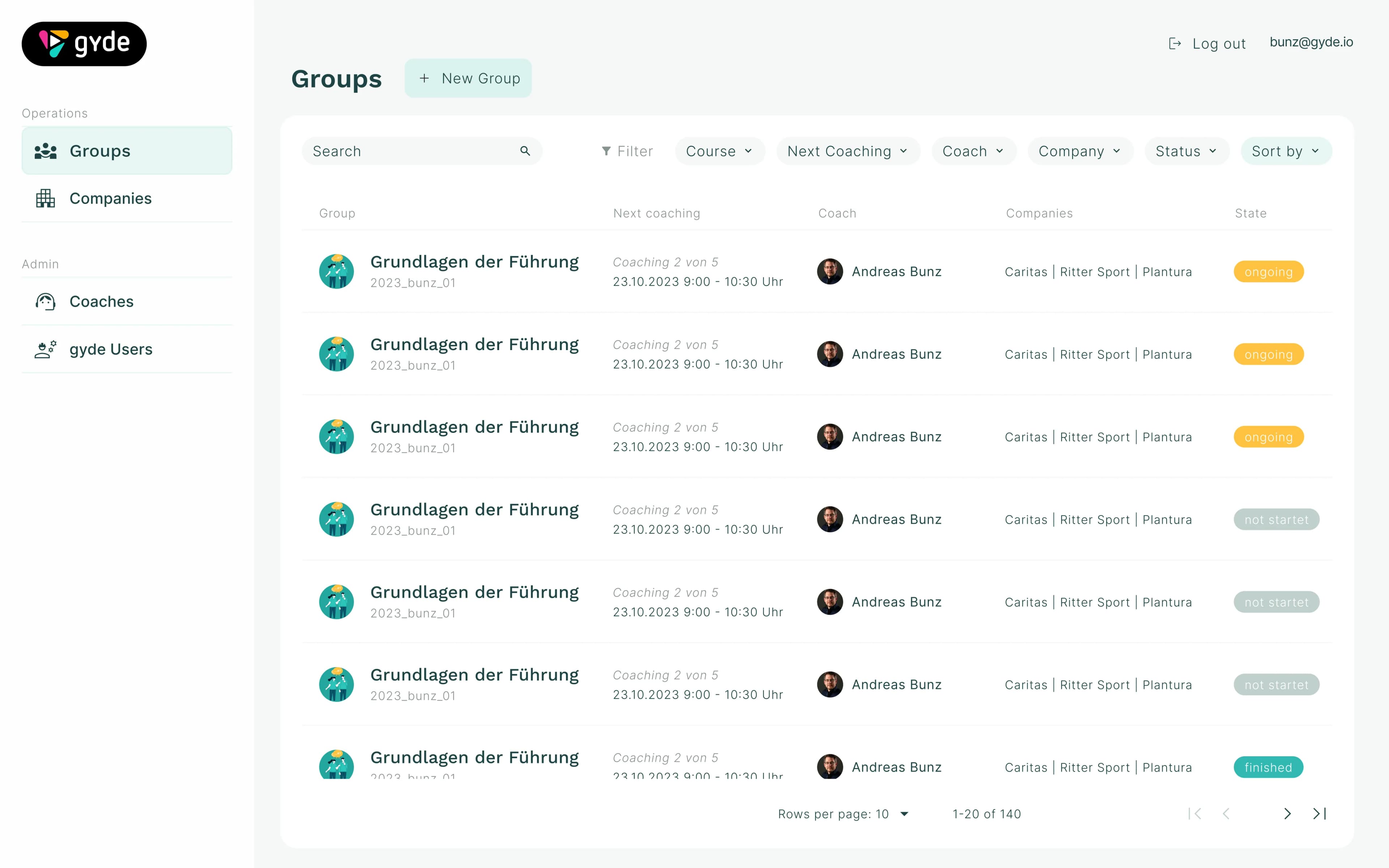 Legacy gyde admin Groups screen — coach, company and schedule bound into every row